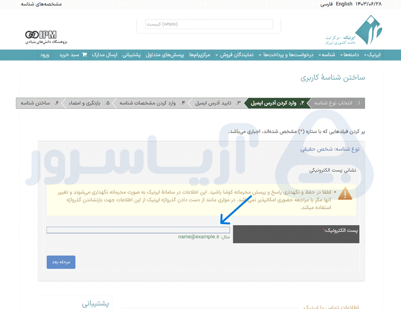 وارد کردن ایمیل در ایرنیک برای ثبت دامنه ir